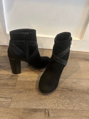 Women's Black Suede Ankle Boots with Cross-Strap Detail